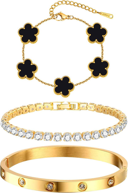 Golden Bloom Stacking Bracelet Set – 3-Piece Gold Plated Bangle & Tennis Chain
