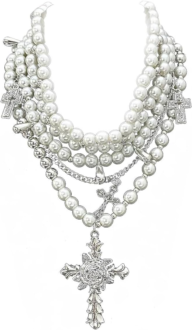 Gothic Pearl Cascade: Cross & Pearl Necklace Set