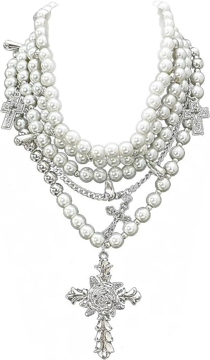 Gothic Pearl Cascade: Cross & Pearl Necklace Set