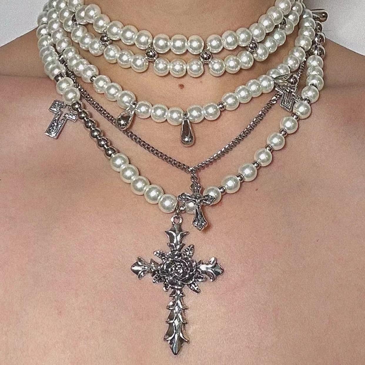 Gothic Pearl Cascade: Cross & Pearl Necklace Set
