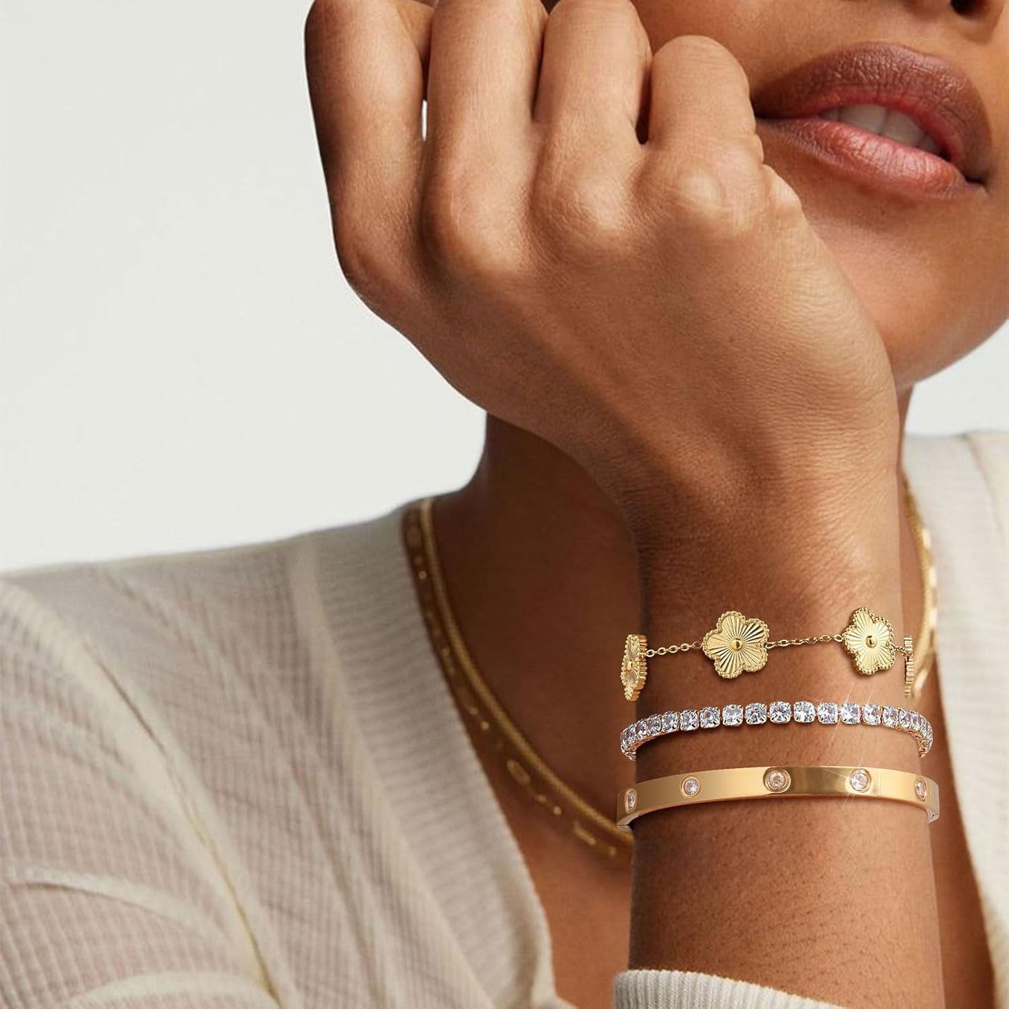 Golden Bloom Stacking Bracelet Set – 3-Piece Gold Plated Bangle & Tennis Chain