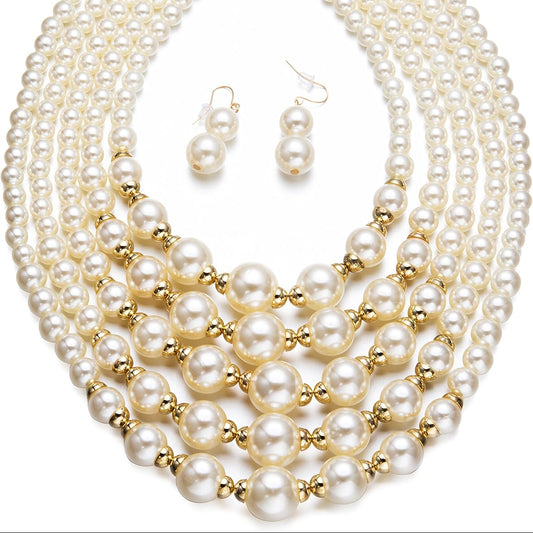 Ivory simulated pearls Necklace Multi-Strand Collar Bib Set