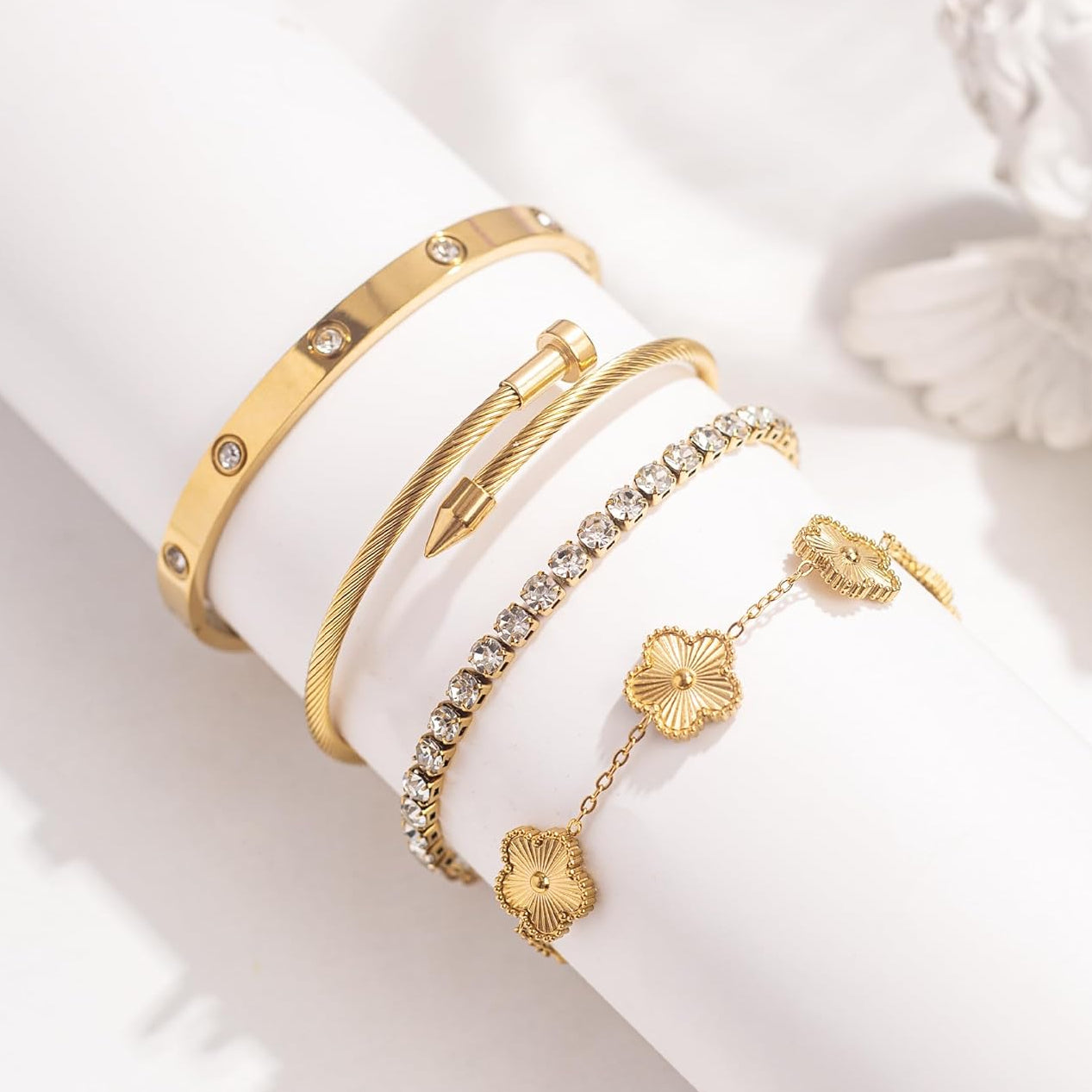 Lucky Layers: 4-Piece Gold Plated Stacking Bracelet Set