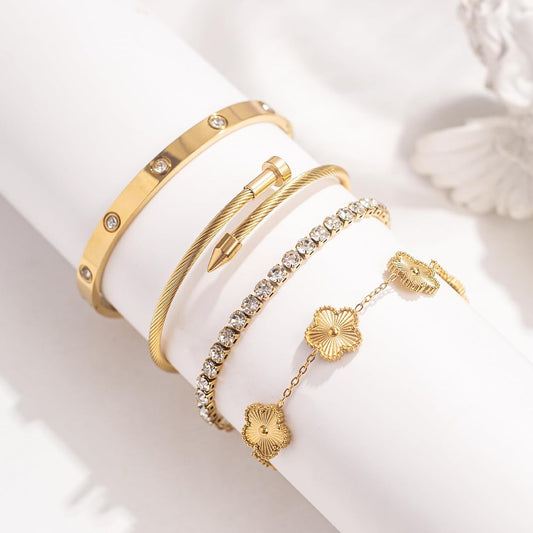 Lucky Layers: 4-Piece Gold Plated Stacking Bracelet Set