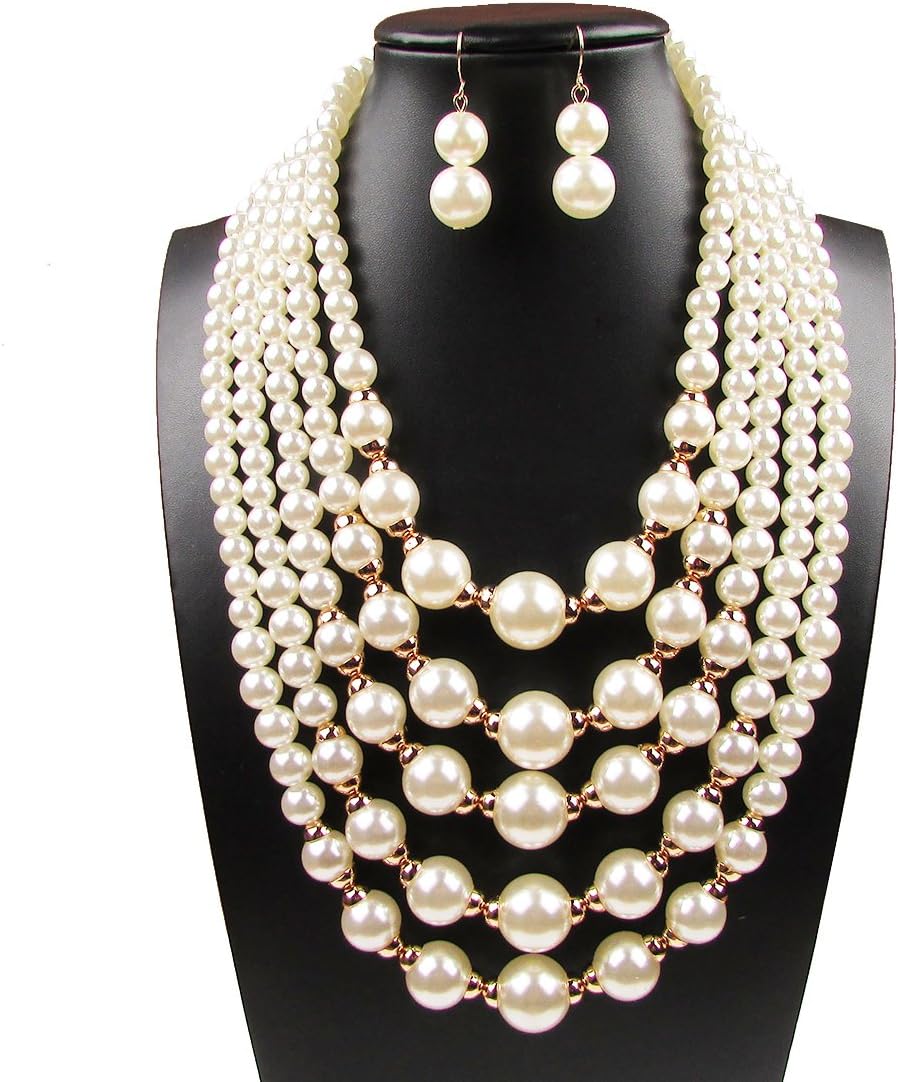 Ivory simulated pearls Necklace Multi-Strand Collar Bib Set