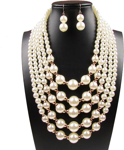 Ivory simulated pearls Necklace Multi-Strand Collar Bib Set