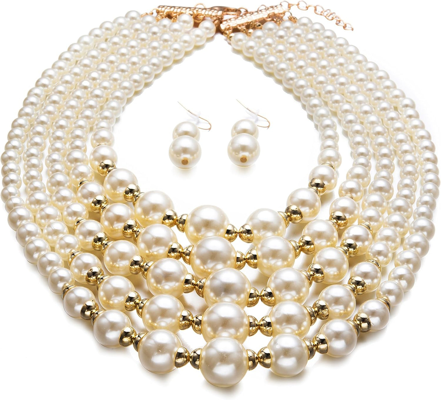Ivory simulated pearls Necklace Multi-Strand Collar Bib Set