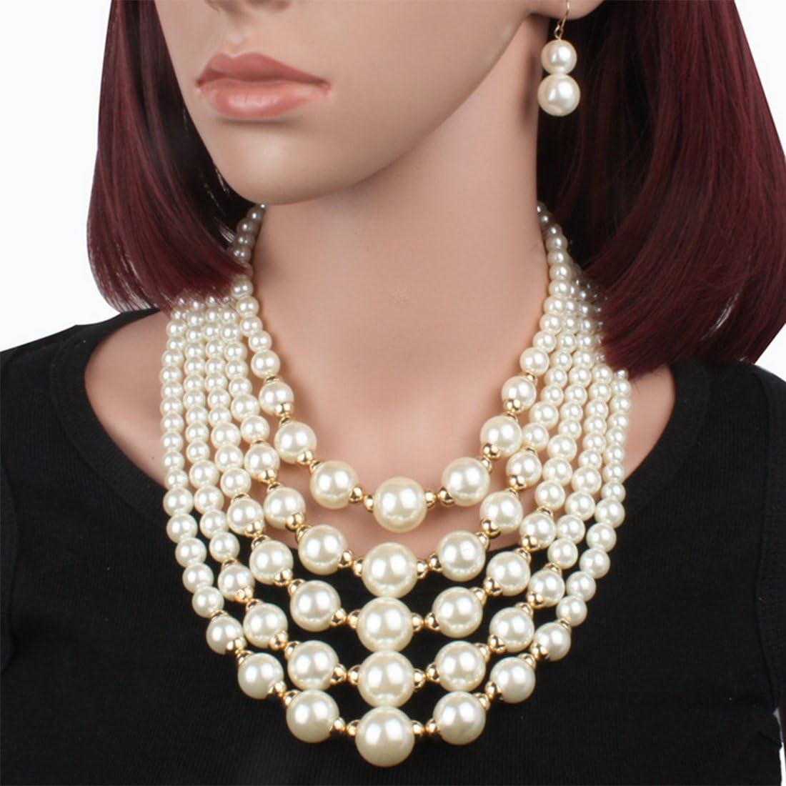 Ivory simulated pearls Necklace Multi-Strand Collar Bib Set