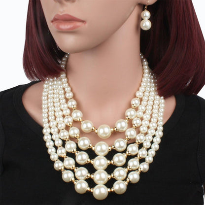 Ivory simulated pearls Necklace Multi-Strand Collar Bib Set