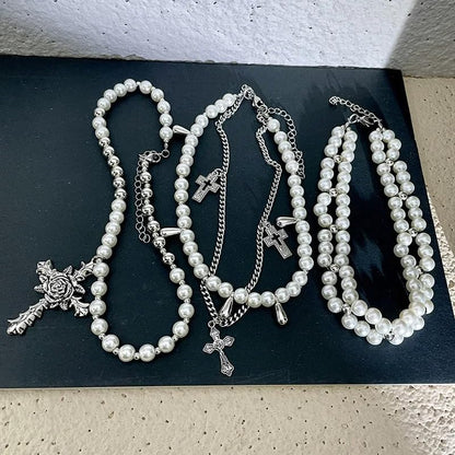 Gothic Pearl Cascade: Cross & Pearl Necklace Set