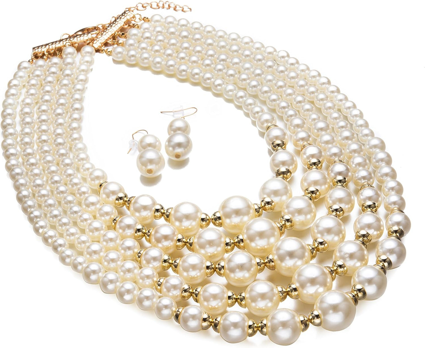 Ivory simulated pearls Necklace Multi-Strand Collar Bib Set