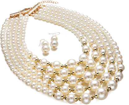 Ivory simulated pearls Necklace Multi-Strand Collar Bib Set