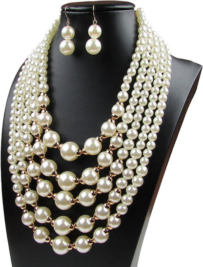 Ivory simulated pearls Necklace Multi-Strand Collar Bib Set