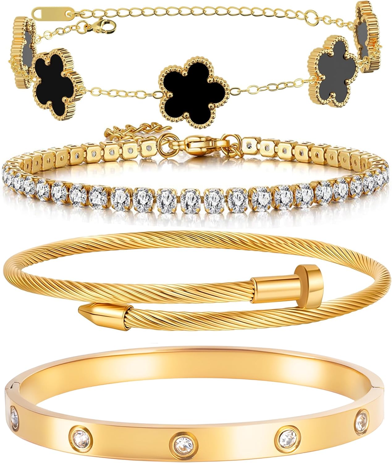 Lucky Layers: 4-Piece Gold Plated Stacking Bracelet Set