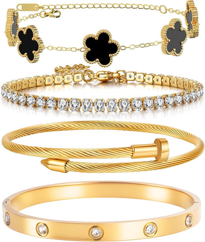 Lucky Layers: 4-Piece Gold Plated Stacking Bracelet Set