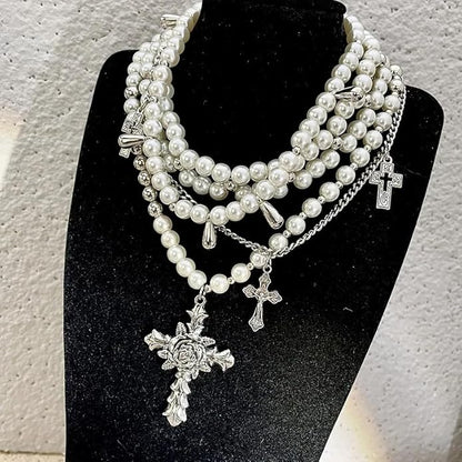 Gothic Pearl Cascade: Cross & Pearl Necklace Set