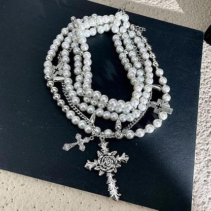 Gothic Pearl Cascade: Cross & Pearl Necklace Set