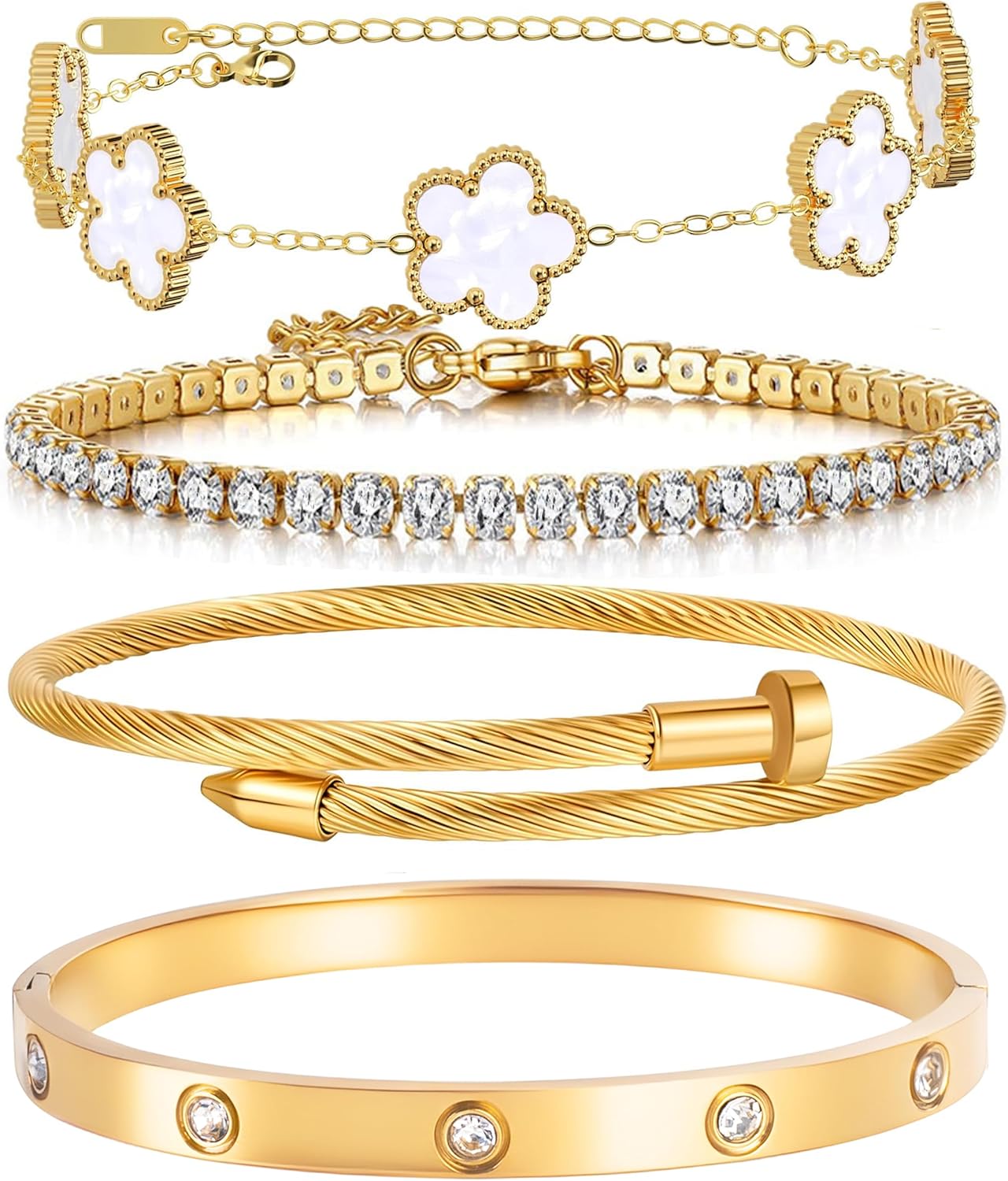 Lucky Layers: 4-Piece Gold Plated Stacking Bracelet Set