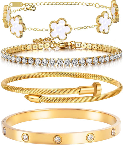 Lucky Layers: 4-Piece Gold Plated Stacking Bracelet Set