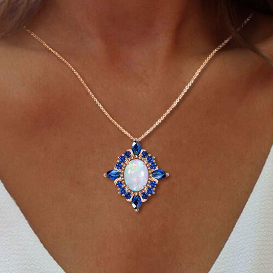 Oval Cut Opal Halo Pendant Necklace in 925 Sterling Silver
