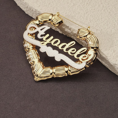 Bamboo Large Hoop Heart Shape Name Earrings